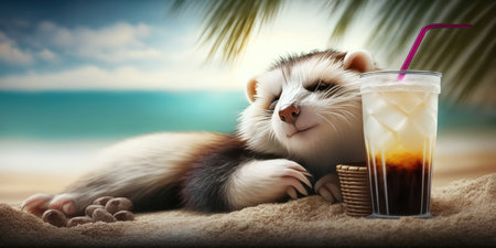 Ferret is on summer vacation at seaside resort and relaxing on summer beachの素材