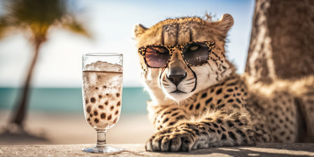 cheetah is on summer vacation at seaside resort and relaxing on summer beachの素材