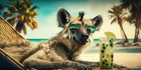 hyena is on summer vacation at seaside resort and relaxing on summer beachの素材