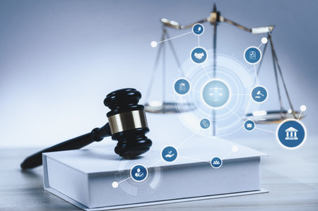 Smart law, legal advice icons and lawyer working tools in the lawyers office showing concept of...