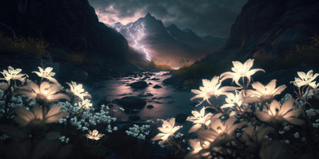 mythical scenery of glowing flower on mountain landscape at night. superlative generative AI image.の素材