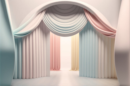 Beautiful object modern abstract stage background with colorful pastel color curtain in minimal design. Realistic mock up for product promotion. Superb Generative AIの素材