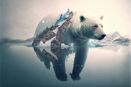 image shown by polar bear suffer due to melting ice caused by the impact of climate change on double exposure of global warming turning arctic hotter in background. Superb Generative AI.の素材