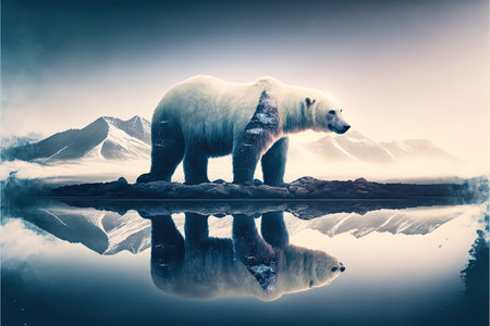 image shown by polar bear suffer due to melting ice caused by the impact of climate change on double exposure of global warming turning arctic hotter in background. Superb Generative AI.の素材