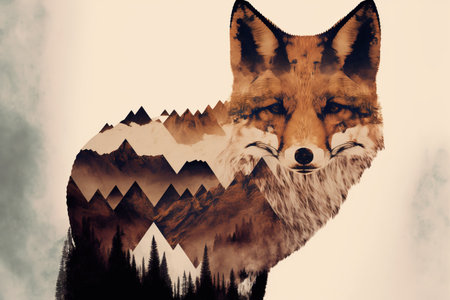 Contemporary abstract artwork double exposure of red fox and forest landscape design, concept of animal and natural wilderness adventure. Superb Generative AI.の素材
