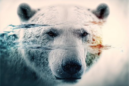 image shown by polar bear suffer due to melting ice caused by the impact of climate change on double exposure of global warming turning arctic hotter in background. Superb Generative AI.の素材