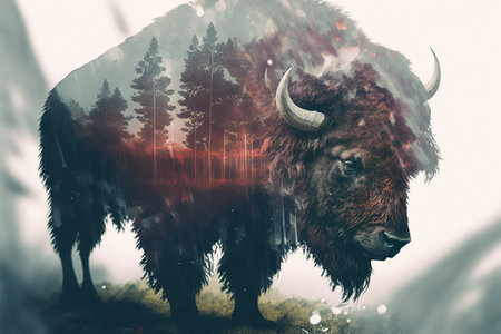 American male bison grazing on grassland with double exposure background of natural scenery in yellowstone. Large mammal body with fur and horn. Superb Generative AI.の素材