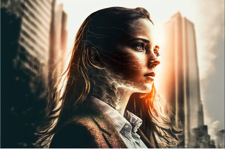 Ambitious businesswoman portrait in black suit-clad with background residential city highrise buildings in double exposure, Successful businesspeople with strategic plans. Superb Generative AI.の素材