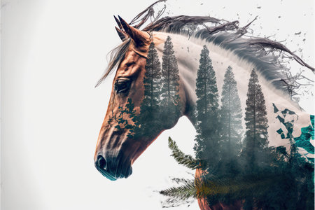 Horse with double exposure with natural forest landscape background as concept of animal in natural adventure in the wilderness with animal artwork. Superb Generative AI.の素材
