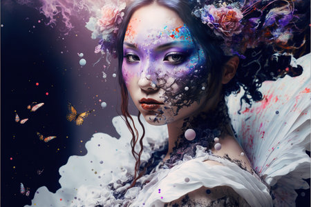 Realistic and highly graphic detail of asian bride like goddess portrait with flower bouquet on her hair, wearing elegance and beautiful angelic white dress with wings. Superb Generative AI.の素材