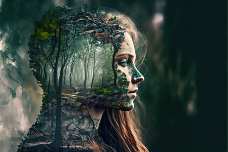 Double exposure image of woman portrait with natural freshness of forest background for sense of peaceful tranquility concept. Meditative and mental ability abstract art. Superb Generative AIの素材
