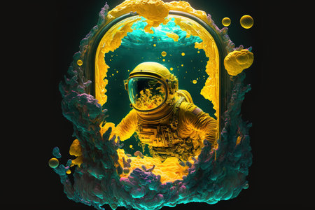 Contemporary abstract artwork of astronaut in space suit floating in the vastness of deep space and yellow fluid or smoke. Cosmic exploration or travel in state of mind concept. Superb Generative AI.の素材