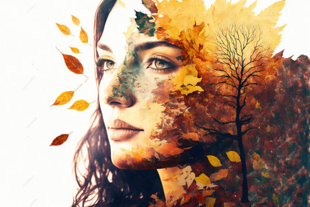Portrait of beautiful girl covered with autumnal orange leaves on her face. Autumn season with peaceful mindset for healthy mental in double exposure concept. Superb Generative AI.の素材