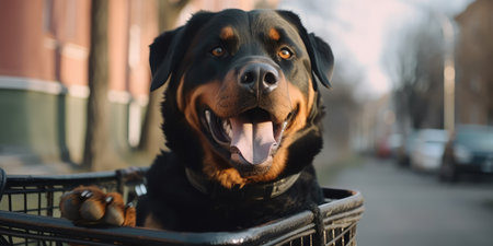 Rottweiler dog have fun bicycle ride on sunshine day morning in summer on town streetの素材