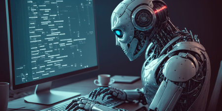 Artificial intelligence robot using computer software for gpt binary coding. distinct generative AI image.の素材