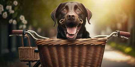 Labrador Retriever dog have fun bicycle ride on sunshine day morning in summer on town streetの素材