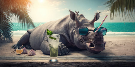 rhino is on summer vacation at seaside resort and relaxing on summer beachの素材