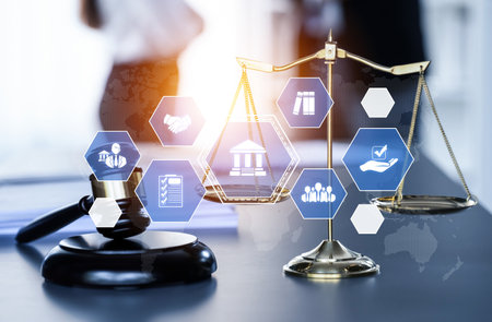 Smart law, legal advice icons and lawyer working tools in the lawyers office showing concept of digital law and online technology of astute law and regulations .の写真素材