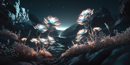 mythical scenery of glowing flower on mountain landscape at night. superlative generative AI image.の素材