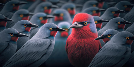 Difference concept showing by extraordinary bird standing out of the crowd. superlative generative AI image.の素材
