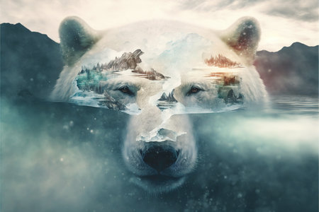 image shown by polar bear suffer due to melting ice caused by the impact of climate change on double exposure of global warming turning arctic hotter in background. Superb Generative AI.の素材