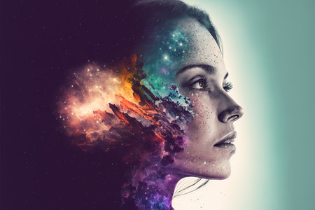 Universe and galaxy inside woman brain portrait double exposure, bright stars of milky way as metaphor concept for sense of human mind. Meditative and mental ability abstract art. Superb Generative AIの素材