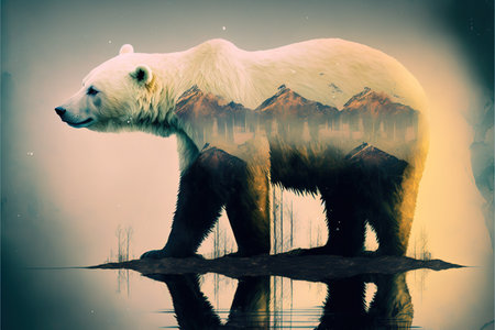 image shown by polar bear suffer due to melting ice caused by the impact of climate change on double exposure of global warming turning arctic hotter in background. Superb Generative AI.の素材