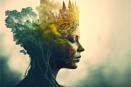 Majestic queen of the forest profile double exposure with natural greenery and foliage texture with crown floral design on her head. Fantasy princess of the woods. Superb Generative AI.の素材
