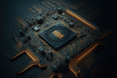Processor CPU or GPU microchip on dark mother board like metallic surface, modern technology abstract, futuristic circuit board for advance computer hardware background. Superb Generative AI.の素材