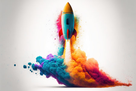 Creative rocket launch by exploding engine of creativity , taking off for new opportunity . Admirable Generative AI image .の素材