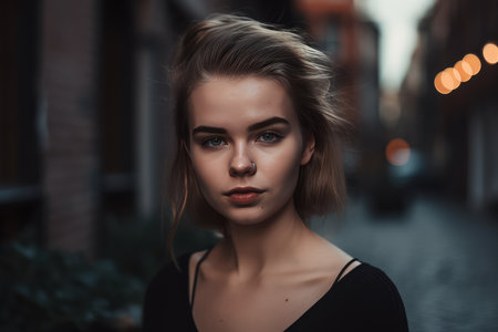 A beautiful young businesswoman portrait, outdoor and woman looking at camera. distinct generative AI image.の素材