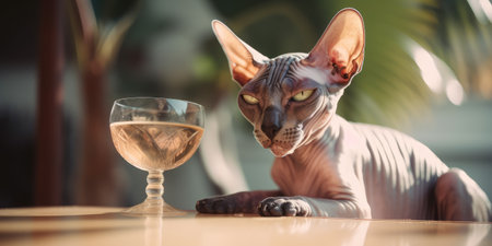 Cat is on summer vacation at seaside resort and relaxing rest on summer beach of Hawaii. distinct generative AI image.の素材