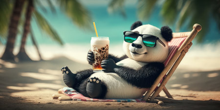 panda is on summer vacation at seaside resort and relaxing on summer beachの素材