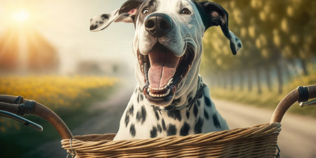 Great Dane dog have fun bicycle ride on sunshine day morning in summer on town streetの素材