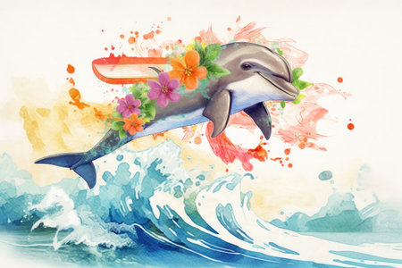 Happy dolphin in hand drawing watercolor style with summer flower decoration. distinct generative AI image.の素材
