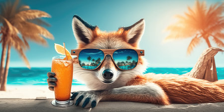 fox is on summer vacation at seaside resort and relaxing on summer beachの素材