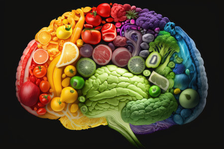 Human brain made of variety of vegetables in concept of healthy food for health care. distinct generative AI image.の素材
