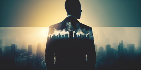 Double exposure image of business man standing back view with cityscape. superlative generative AI image.の素材