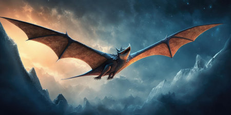 Flying imaginative creature or dinosaur fly in the sky. superlative generative AI image.の素材