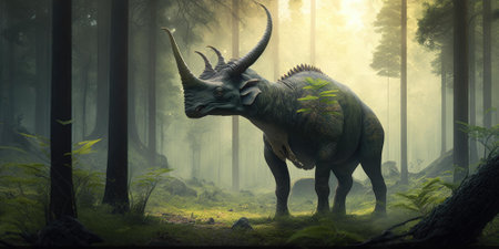 Prehistoric creature or dinosaur in the wild nature. Realistic style drawing. superlative generative AI image.の素材