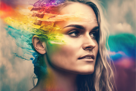 Double exposure woman portrait with vivid rainbow color smoke for positive mindset and creative state of mind and psychology concept. Meditative and mental ability abstract art. Superb Generative AIの素材