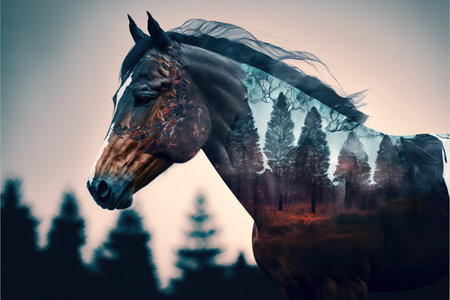 Horse with double exposure with natural forest landscape background as concept of animal in natural adventure in the wilderness with animal artwork. Superb Generative AI.の素材