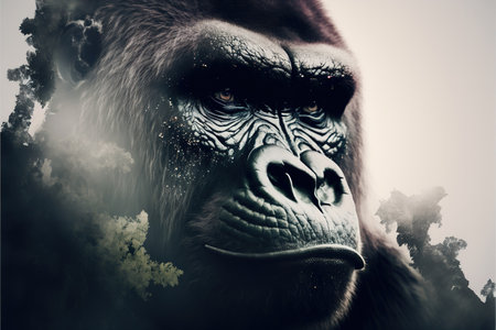 Male gorilla with powerful shoulder and strength with calmly look, large monkey in double exposure with jungle of africa as concept of animal art. Superb Generative AI.の素材