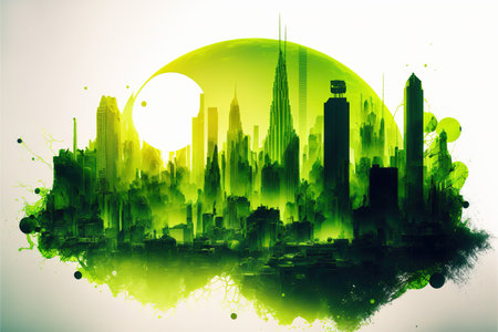 Green modern cityscape in contemporary abstract art background with skyscraper and highrises. Eco friendly city with forest foliage in double exposure. Superb Generative AI.の素材
