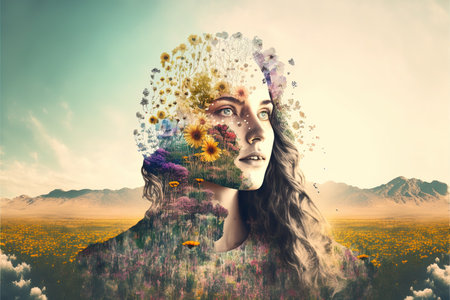 Double exposure woman and flower in meadow during spring, beauty scenery for sense of positive growth mindset perfect for serene concept. Meditative and mental abstract art. Superb Generative AIの素材