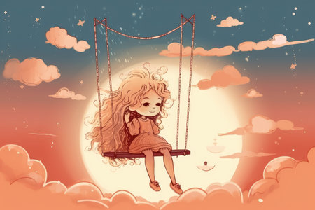 Cartoon graphic art style of little girl swinging with happiness. distinct generative AI image.の素材