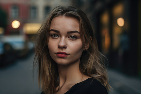 A beautiful young businesswoman portrait, outdoor and woman looking at camera. distinct generative AI image.の素材