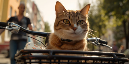 cat have fun bicycle ride on sunshine day in summer on town streetの素材