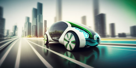 Futuristic electric car driving on urban highway road. distinct generative AI image.の素材