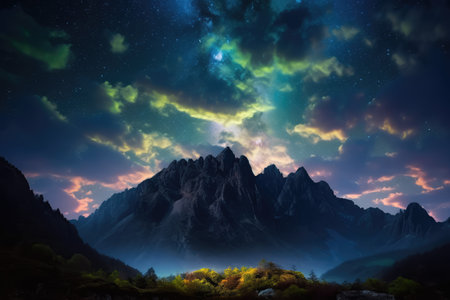 Beautiful celestial sky in dreamy fantasy with bright star in the sky over nature landscapeの素材
